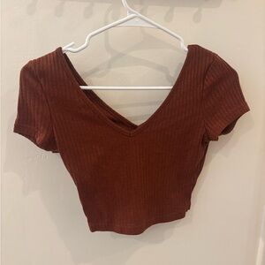 SHEIN Brown Ribbed Crop Top Short Sleeve